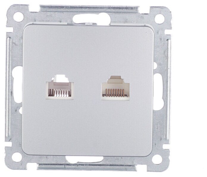 фото Розетка телефонная/компьютерная HEGEL Master РСКТ-440-06 скрытая установка серебро модули RJ11 и RJ45