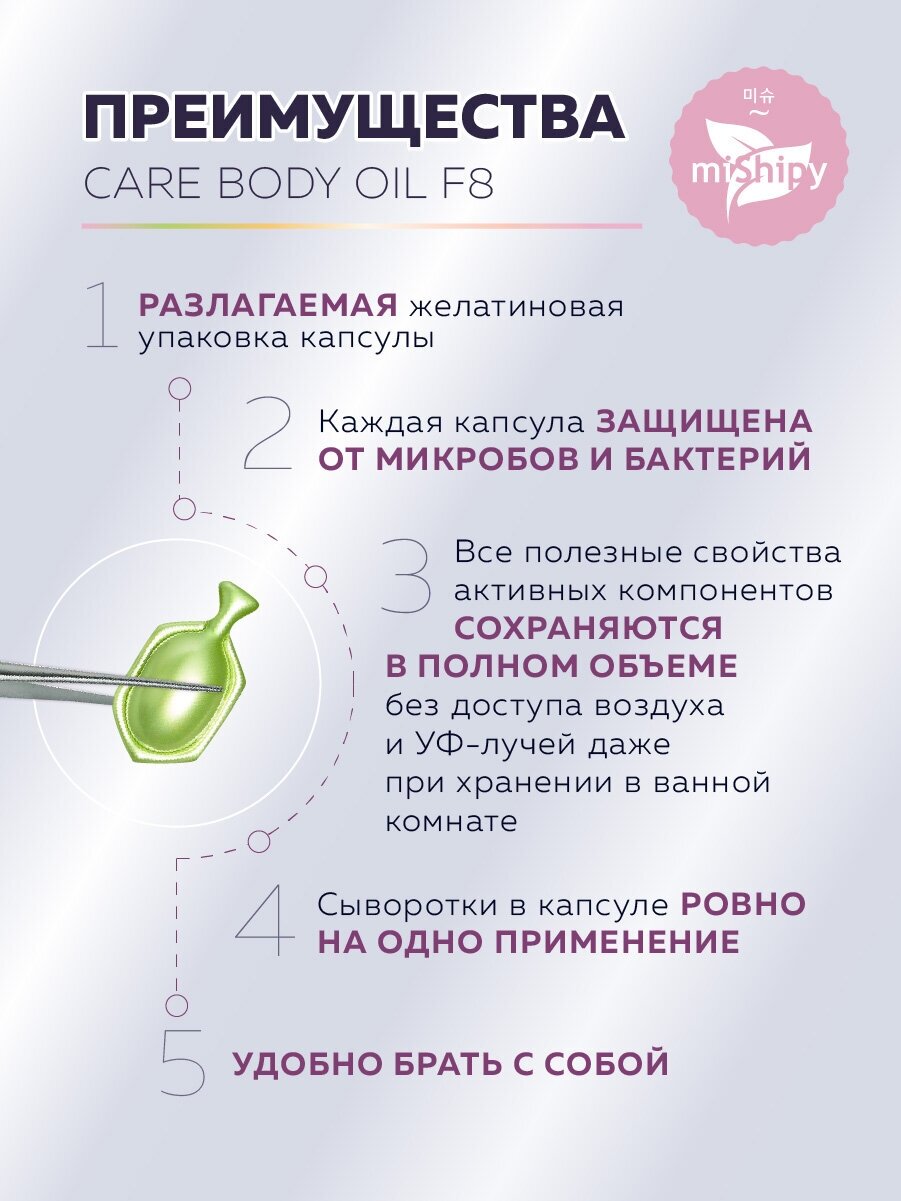 Сыворотка для тела, шеи и зоны декольте miShipy CARE BODY OIL F8, корейская косметика, масло для тела с экстрактом дыни и маслом кунжута, 30 капсул
