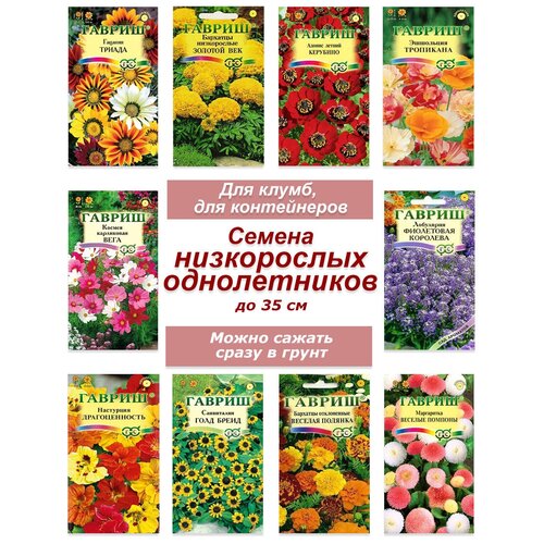 Набор семян, семена низкорослых однолетних цветов - бархатцы, настурция, эшшольция и др