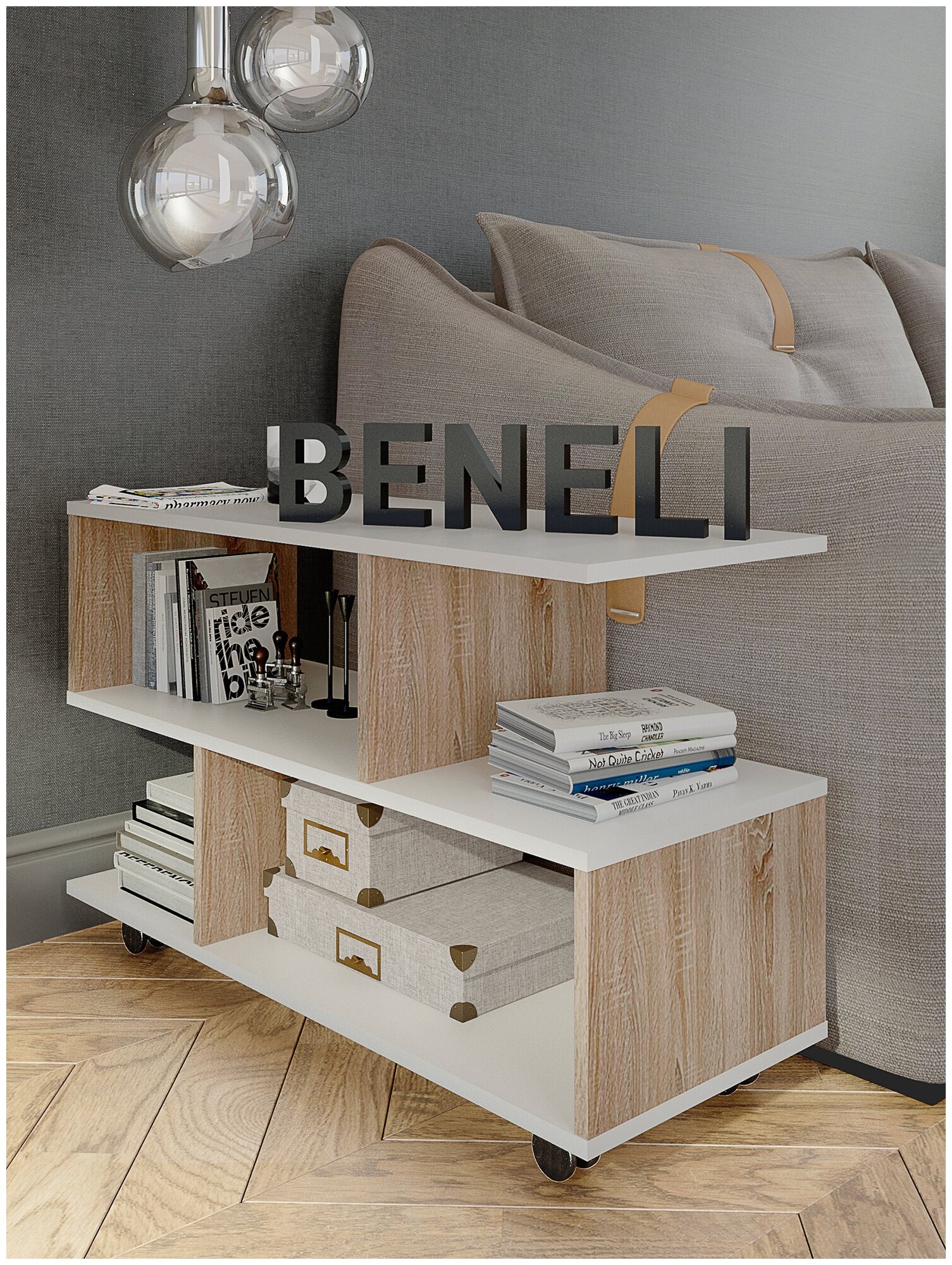 Журнальный столик, сервировочный стол Beneli алекс, прямоугольный, Дуб сонома/Белый, 90х35х55,3 см, 1 шт. - фотография № 7