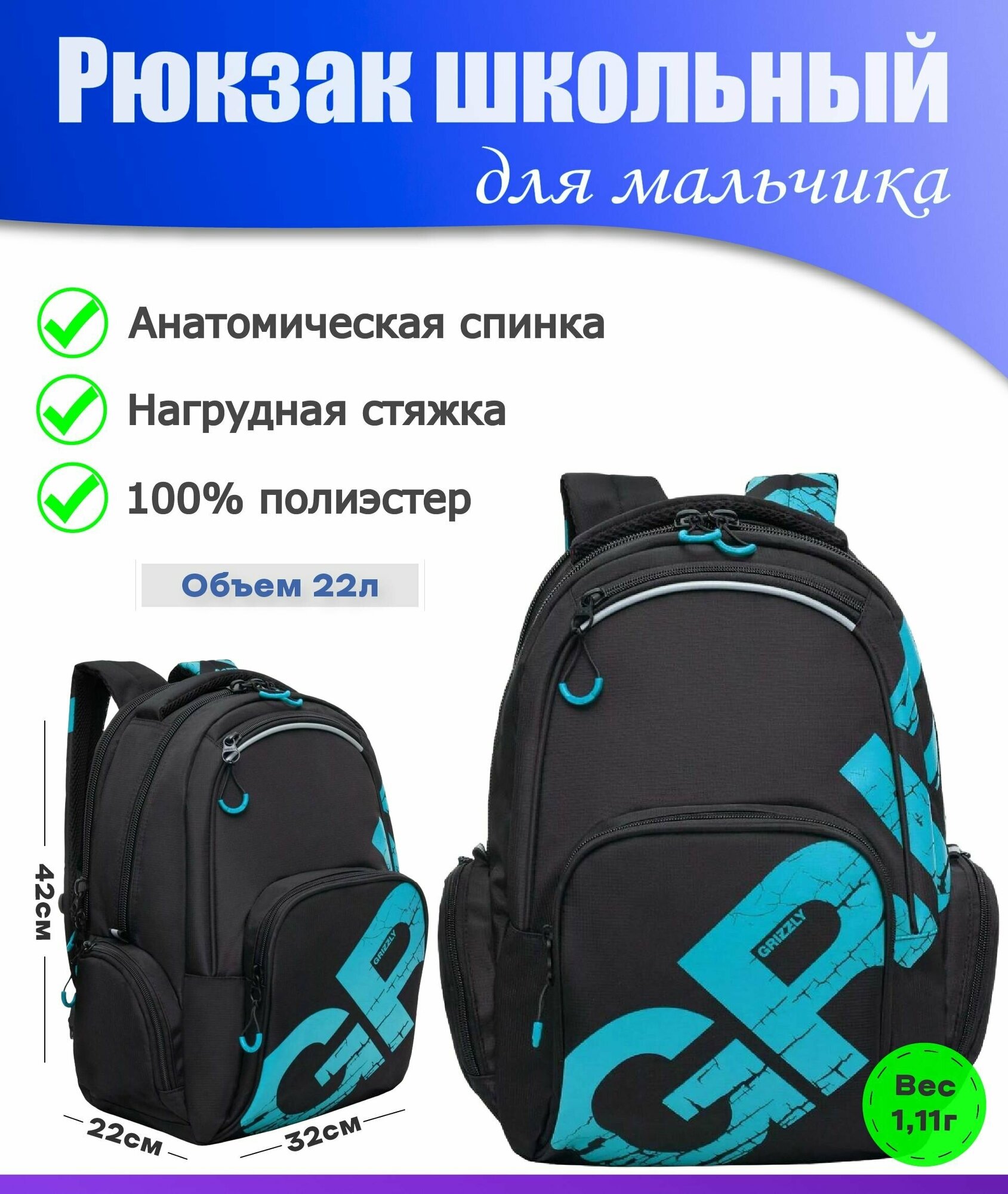 Рюкзак молодежный, мужской, с анатомической спинкой, Grizzly, RU-423-12 (/1 бирюза)