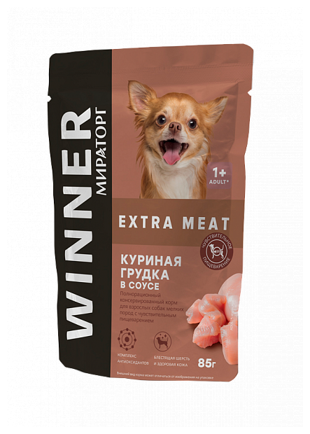 Влажный корм Winner Extra Meat для собак мелких пород с чувствительным пищеварением с куриной грудкой 24 шт х 85 г