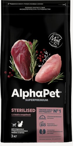 Изображение товара AlphaPet Superpremium (АльфаПет) 3кг с уткой и индейкой сухой корм для стерилизованных кошек (651713)