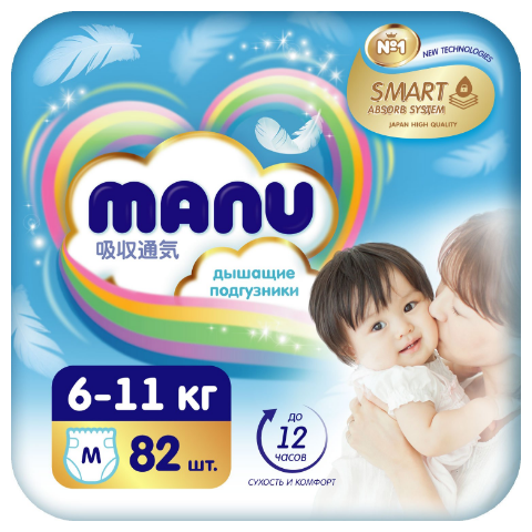 Подгузники MANU M 6-11кг 82шт