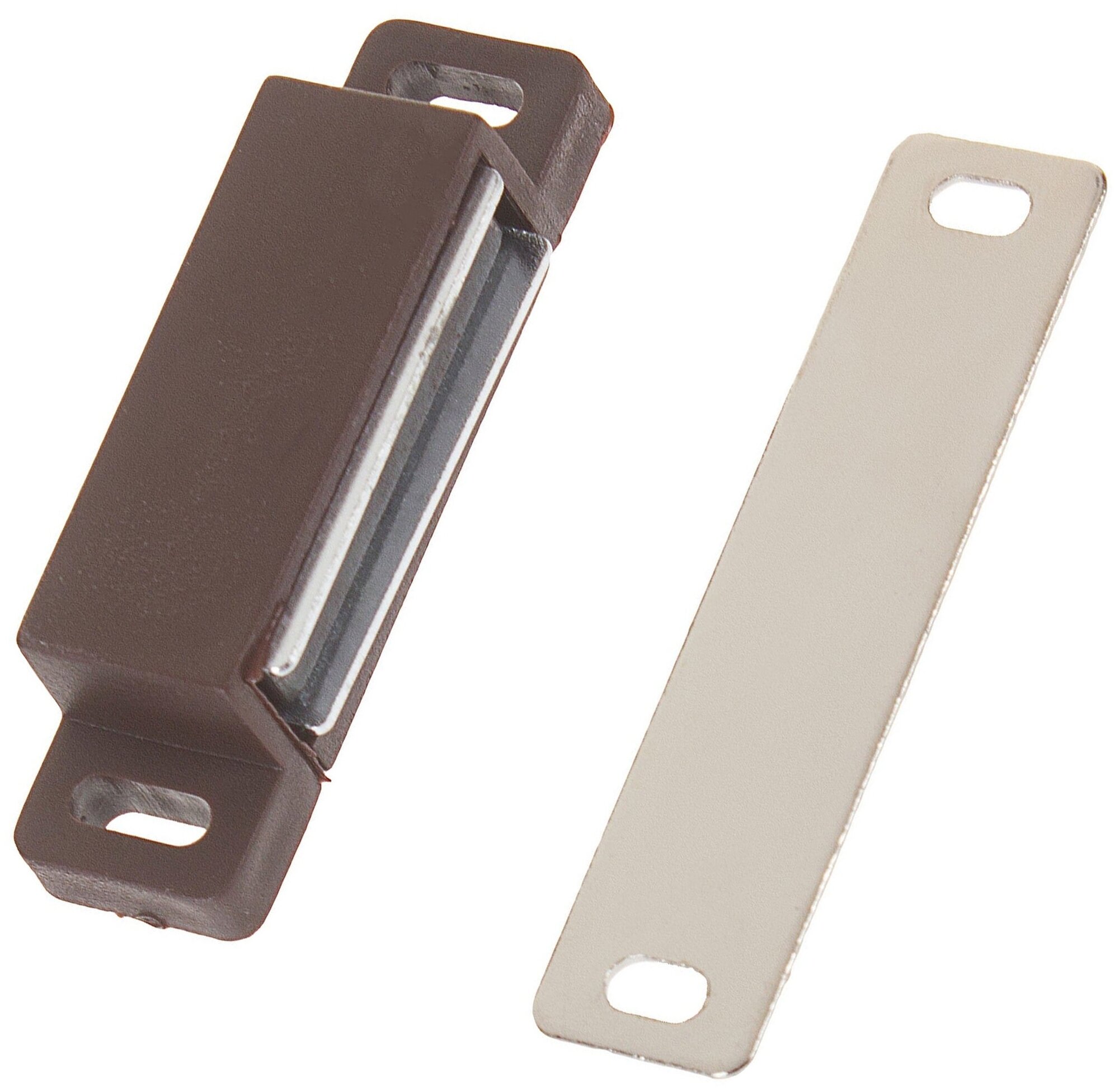 Защёлка магнитная 58х15 мм: изделие из пластика для прочной фиксации дверок тумбочек и шкафов; цвет коричневый; держит створку в закрытом положении