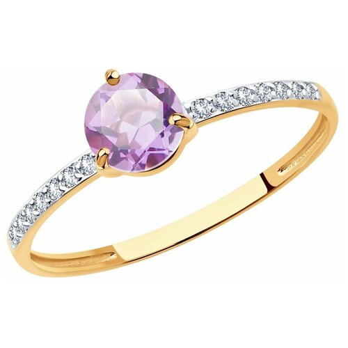 кольцо с аметистом большое сердце позолота с родированием размер 16 Кольцо SOKOLOV, красное золото, 585 проба, родирование, фианит, аметист, размер 17.5, бесцветный, фиолетовый
