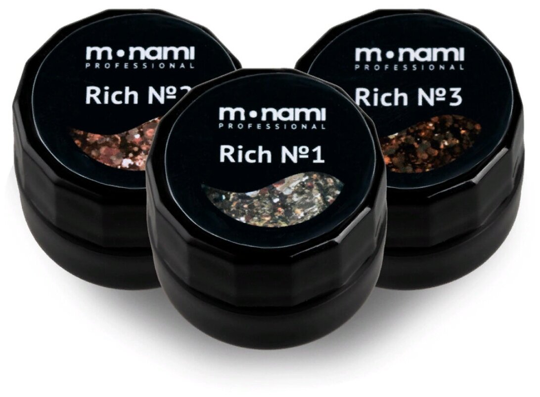 Набор гель-лаков для маникюра Monami Rich 5г, с зеркальными шестигранниками золото, бронза и серебро 3шт