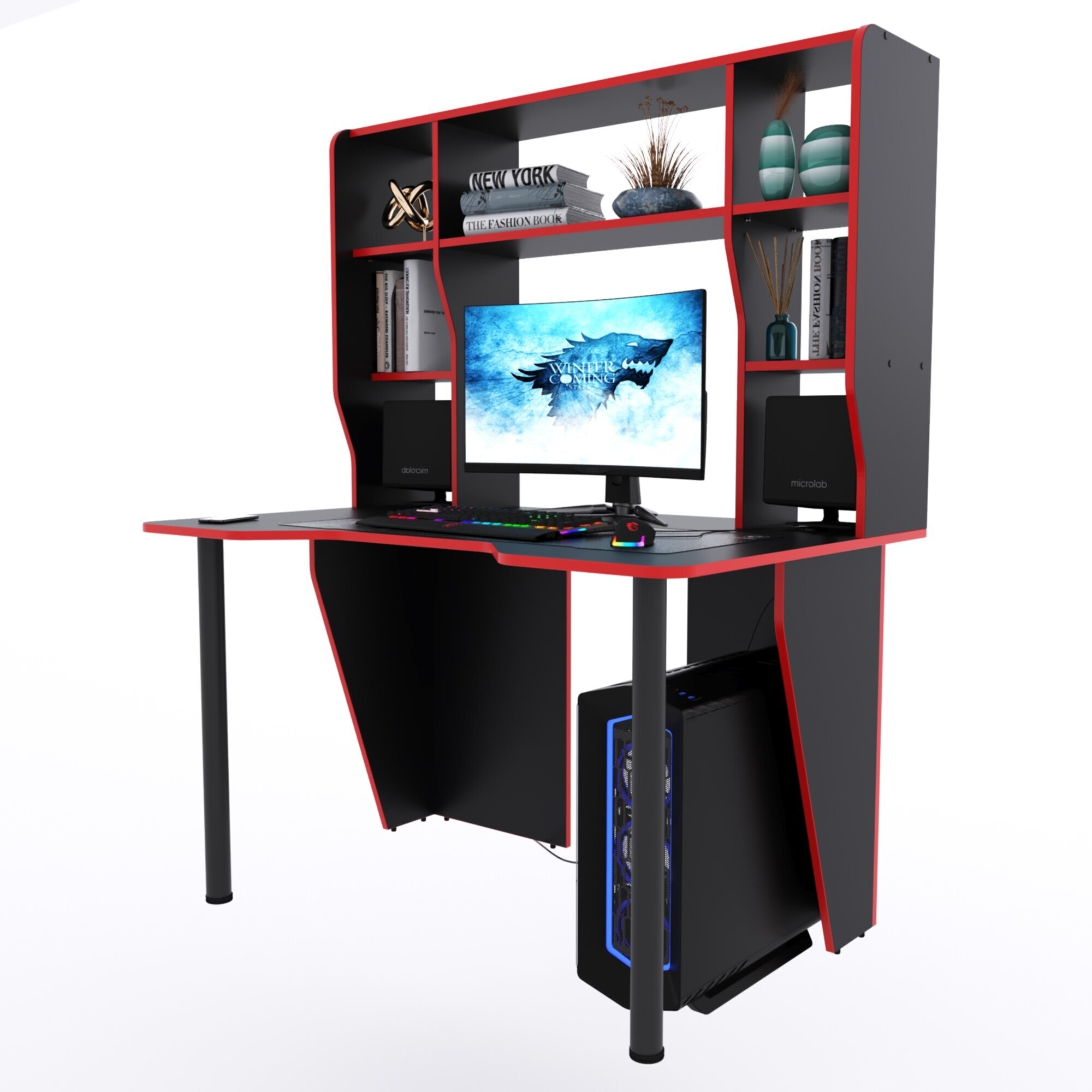 Компьютерный стол "Старк" с большой надстройкой, 140х90х152,6 см, чёрный с красной кромкой