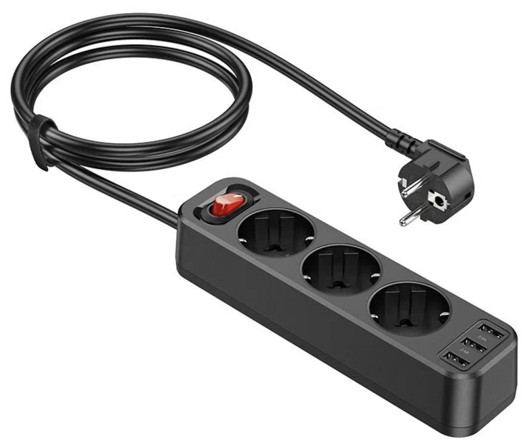 фото Сетевой фильтр HOCO NS2 на 3 розетки 3xUSB, 2.4А, 1.8м (черный)