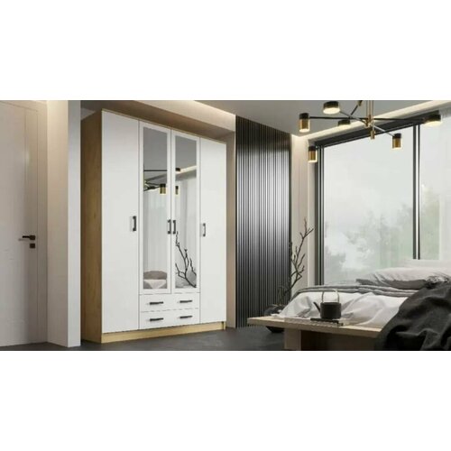 Четырехстворчатый шкаф Квадро Дуб вотан/Белый гладкий, 1600х2200х487