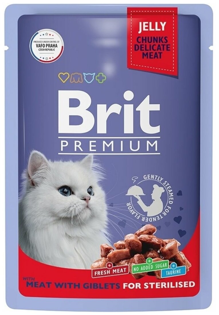 BRIT PREMIUM, влажный корм для кошек. Пауч для взрослых стерилизованных кошек,Мясное ассорти с потрошками в желе,85г