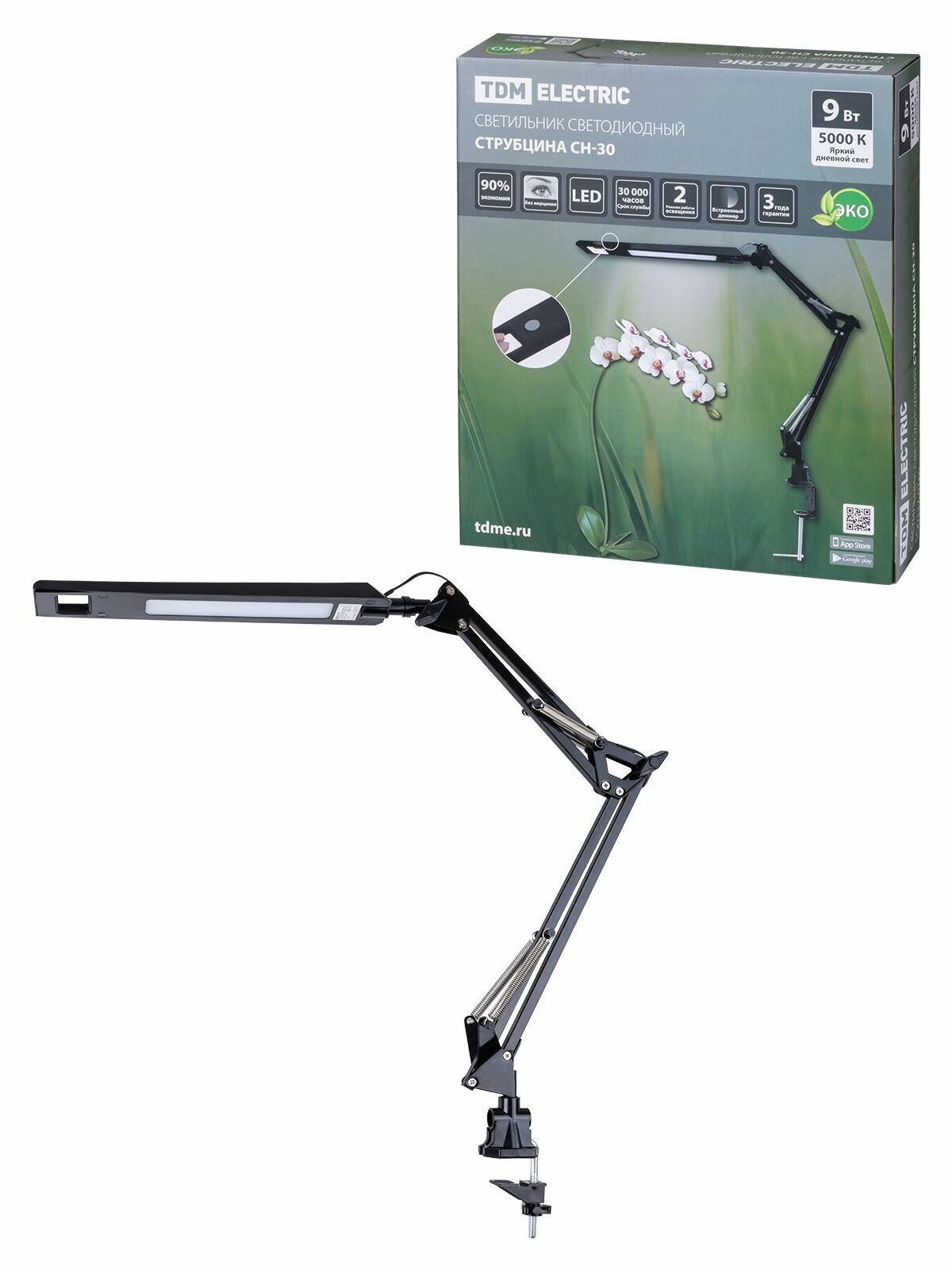 Светильник светодиодный струбцина, 2 колена, диммер, 220 В, 9 Вт, 5000 К, черный, TDM Electric