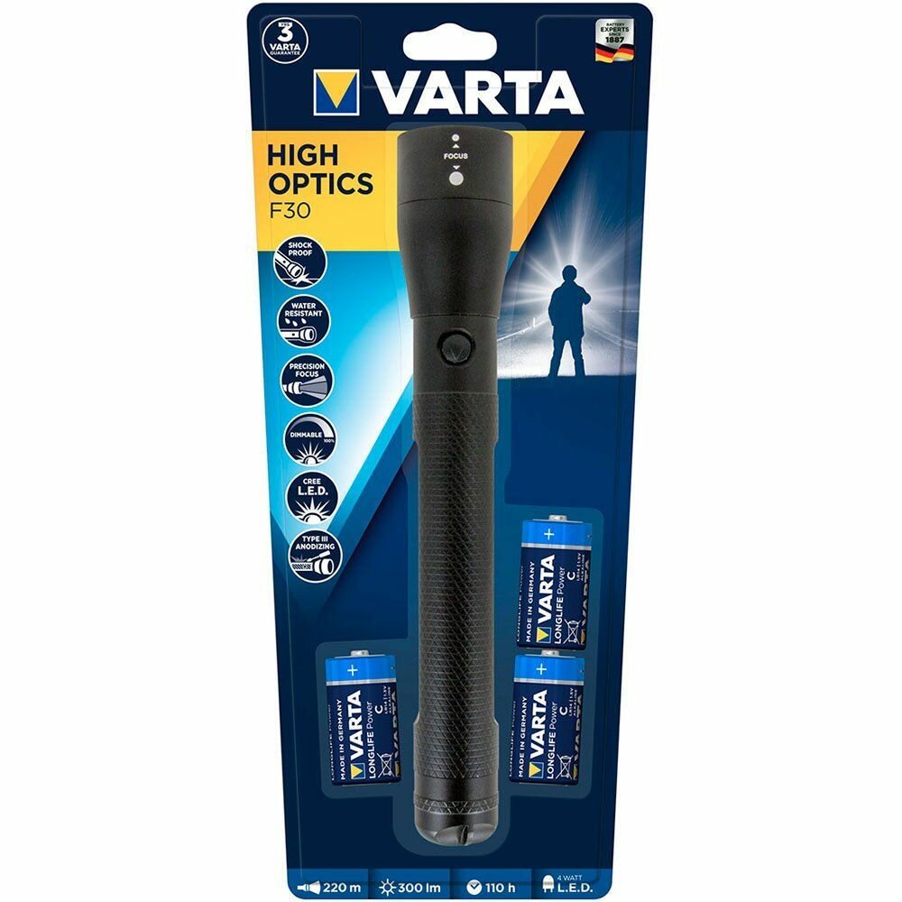 Фонарь светодиодный VARTA 4W LED High Optics Light, черный, алюминий, 3 батарейки C в комплекте, металлический