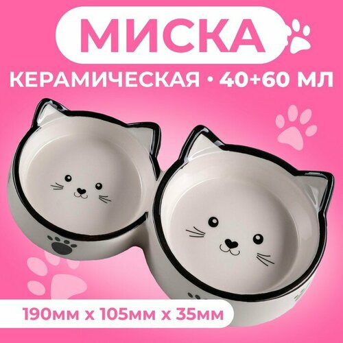 Миска керамическая "Кошачье семейство" 40/60 мл двойная 19 х 10,5 х 3,5 см, бело-чёрная, 2324220
