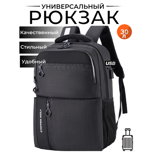 Рюкзак мужской Steppen Wolf универсальный, городской, 30л, вес 500г, USB, 2 лямки, серый графит