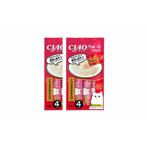 Крем лакомство CIAO Churu пюре для кошек Куриное филе и креветка 14г * 4шт х 2 шт.