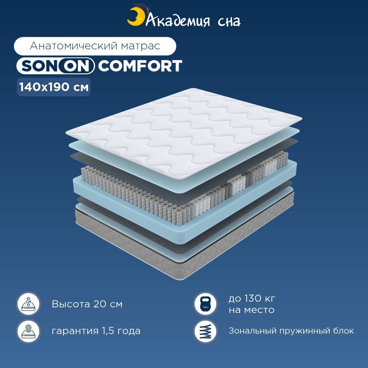 Матрас анатомический Академия сна SON-ON Comfort, Зональный пружинный блок 140x190 см