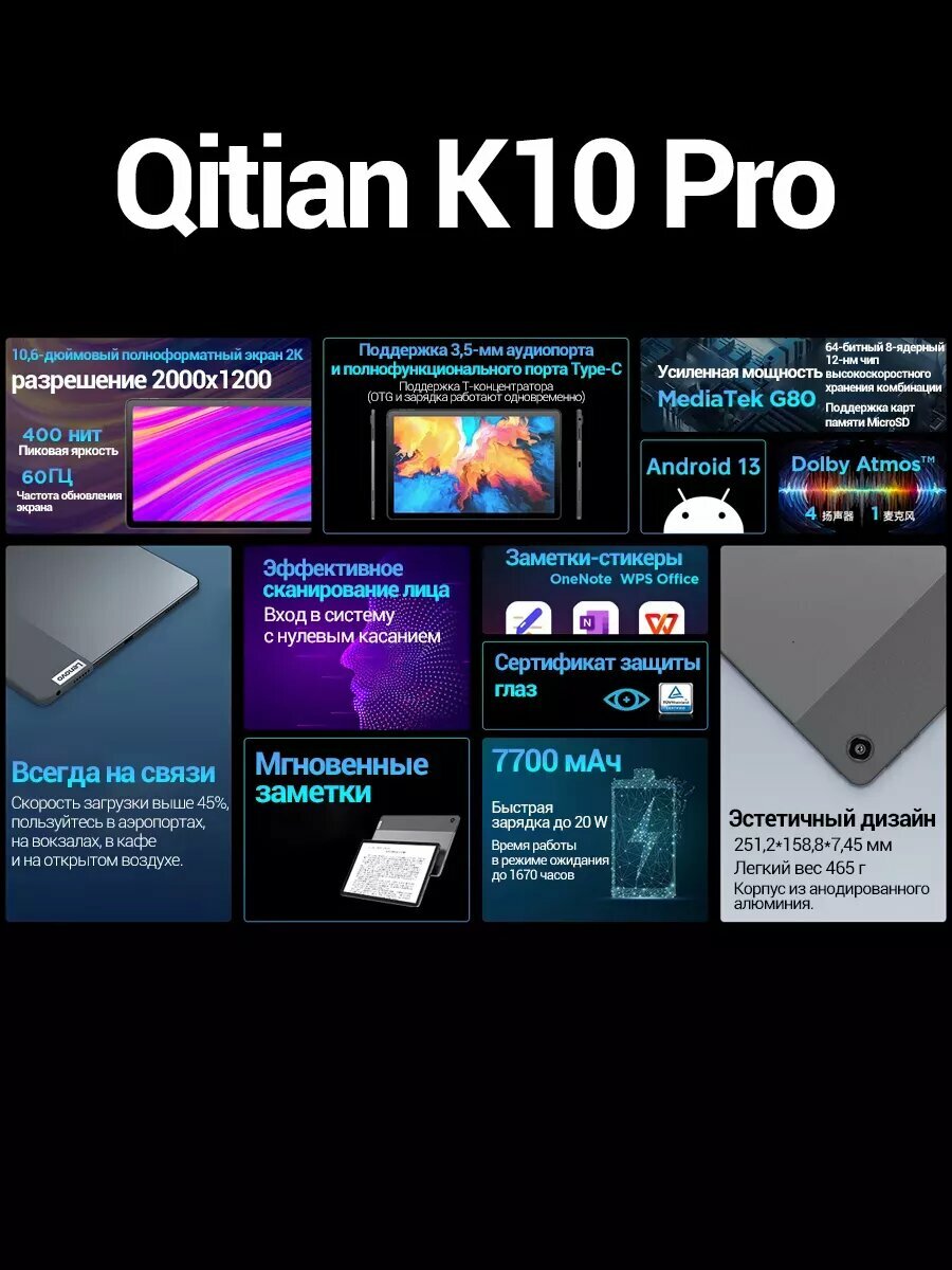 Lenovo K10 PRO 10.6 дюймов Планшет 6/128 ГБ, 2K LTE+4G, Android 12, серый — фото 1