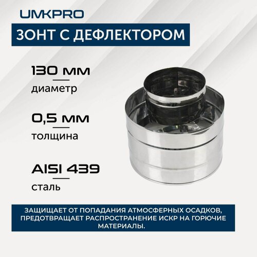 Изображение товара Зонт для дымохода с дефлектором, ф 130, AISI 439/0.5 мм, h210 мм, серебристый