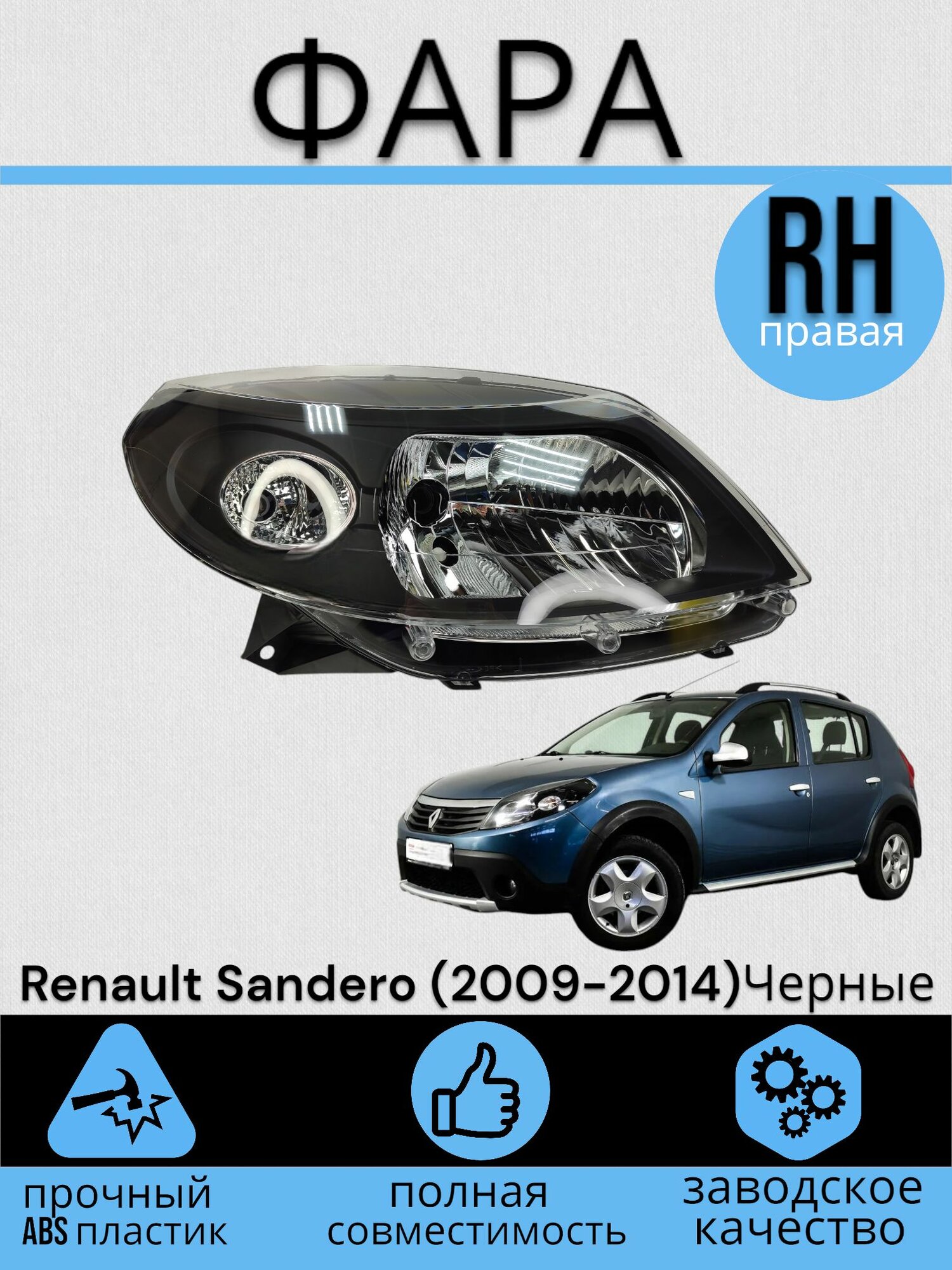 Блок Фара Передняя Черные Renault Sandero Рено Сандеро (2009-2014) правая