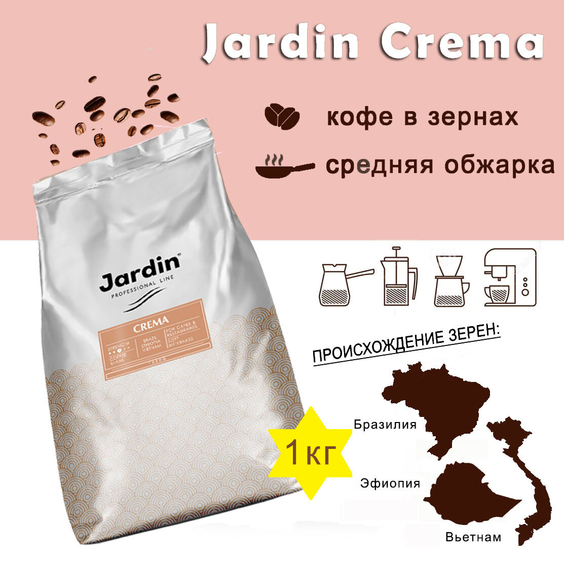 Зерновой кофе JARDIN CREMA, пакет, 1кг, арабика/робуста, средняя обжарка