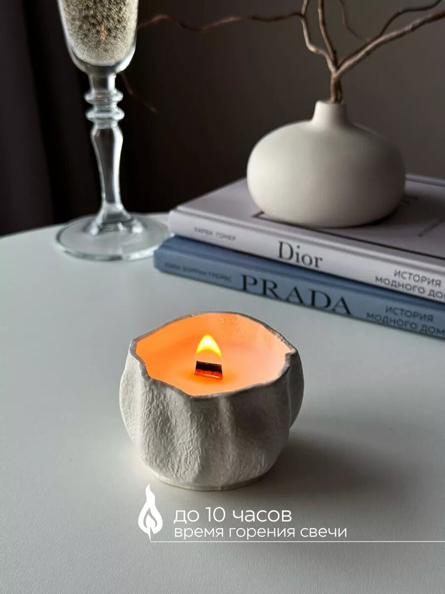 Свеча ароматическая с деревянным фитилем в гипсе, кокосовый воск — фото 1