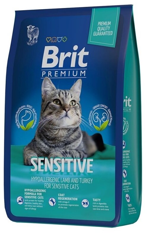 Сухой корм для кошек Brit Premium Cat Sensitive , чувствительное пищеварение, с индейкой и ягненком, 8 кг