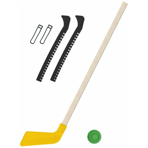 фото Набор зимний: клюшка хоккейная жёлтая 80 см.+шайба + чехлы для коньков черные, задира-плюс