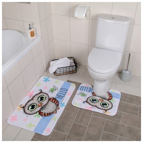 фото Доляна набор ковриков для ванны и туалета доляна «совушки парочка», 2 шт: 40×50, 50×80 см