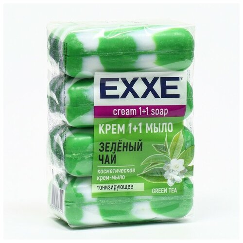 Крем-мыло Exxe 1+1, Оливковое масло, зеленое полосатое, 4 шт. по 90 г крем мыло exxe 1 1 морской жемчуг синее полосатое 4 шт по 90 г