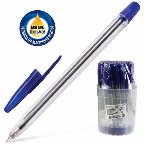 Ручка шариковая масляная 111, синяя, корпус прозрачный, узел 1 мм, линия письма 0,7 мм, РС21