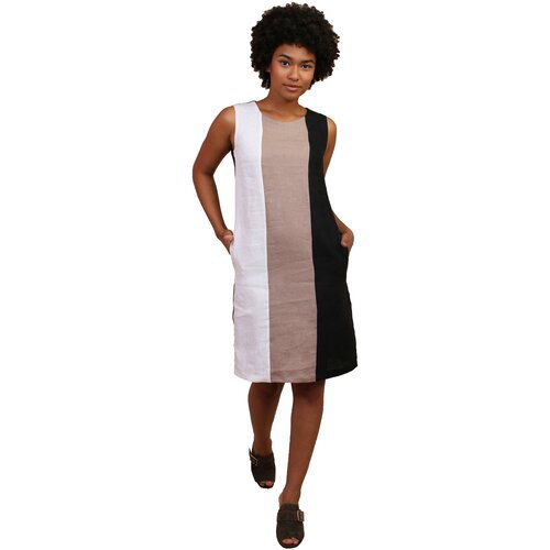 Льняное платье JS-034, размер 42, полоска черный/синий/белый
