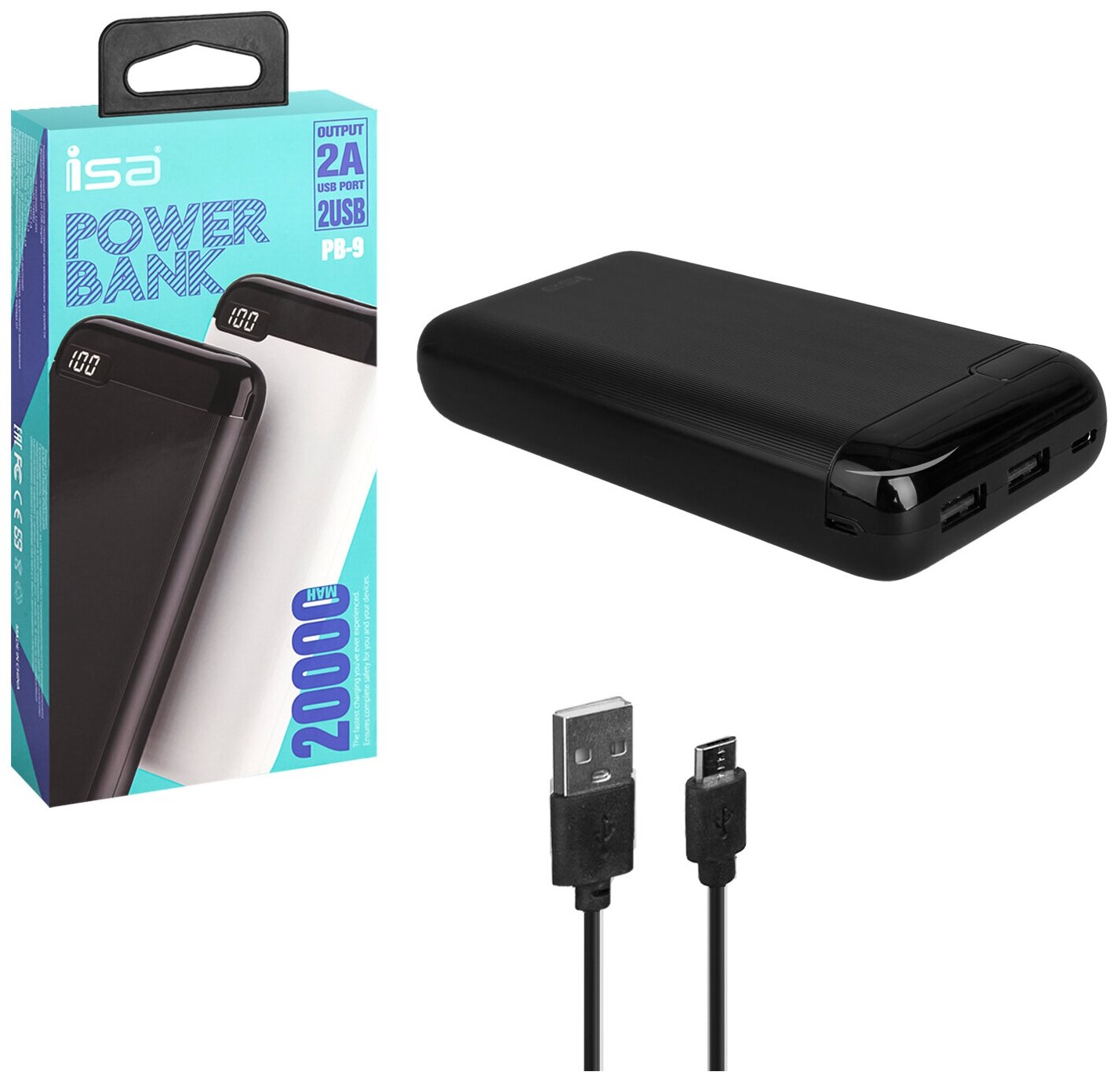 Внешний аккумулятор Power bank ISA PB-9 20000 mah, черный / Power bank 20000mah / Зарядка power bank / Портативная зарядка