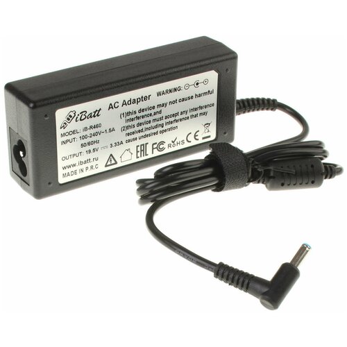 Блок питания iBatt iB-B1-R460 19,5V 3,33A, 65W, разъём 4.5*3.0 mm, pin для HP-Compaq PPP009L-E, 710412-001, 709985-004 блок питания anybatt 22 b1 460 19 5v 3 33a 65w разъём 4 5 3 0 mm pin для hp compaq ppp009l e 710412 001 709985 004