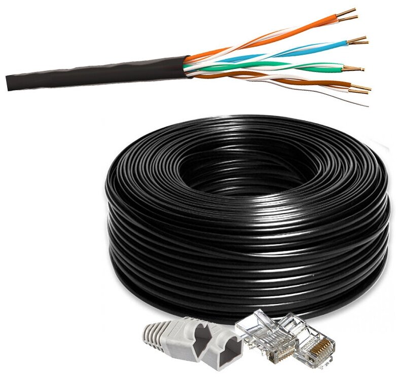 Комплект: Интернет кабель уличный витая пара UTP4 cat.5e, одножильный с коннектором rj45 и колпачками rj45, 30 метров