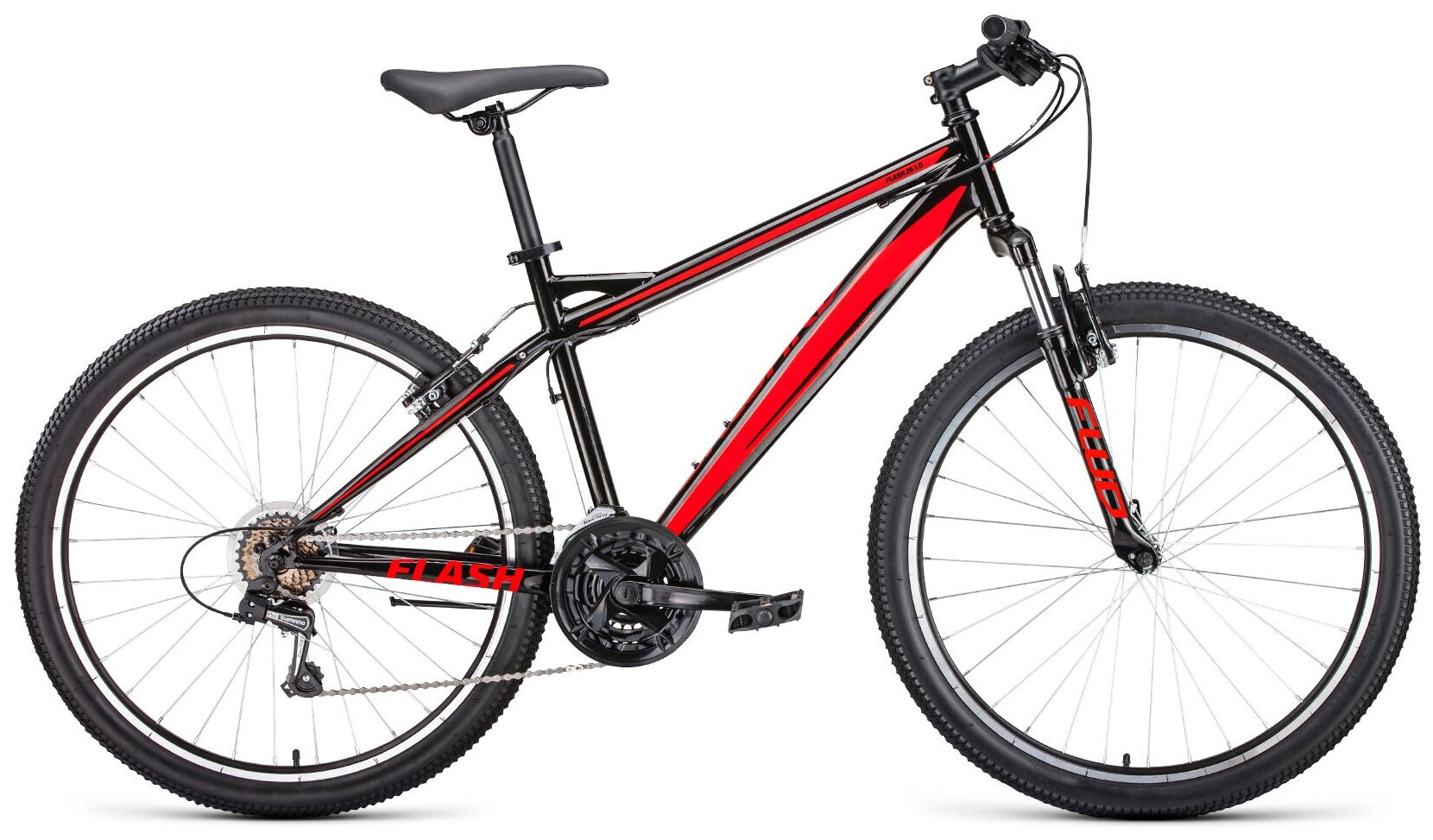 Велосипед горный с колесами 26" Forward Flash 26 1.0 черно-красный 21 скорость, рама 19", 2022 год