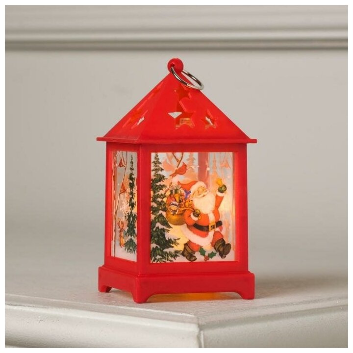 Фигура светодиодная "Фонарь красный с 1 свечой, Дед Мороз", 13х6х6 см, бат. 3xAG13, Т/белый