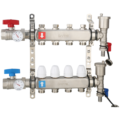 Коллектор регулируемый с запорными клапанами, из нерж. стали, 10-вых. x 1 x 3/4 Gappo (G426.10) коллектор регулируемый с запорными клапанами из латуни 4 вых x 1 x 3 4 gappo g427 4