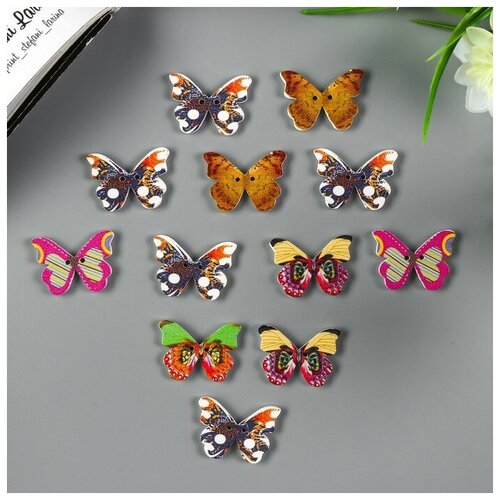 фото Арт узор набор пуговиц декоративных дерево "бабочки яркие" (набор 12 шт) 2,7х2,1 см