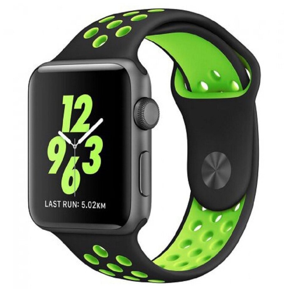 Cиликоновый ремешок спортивный для Apple Watch Series 1-8 и Ultra - 42/44/45/49 мм (эпл вотч), черный-зеленый