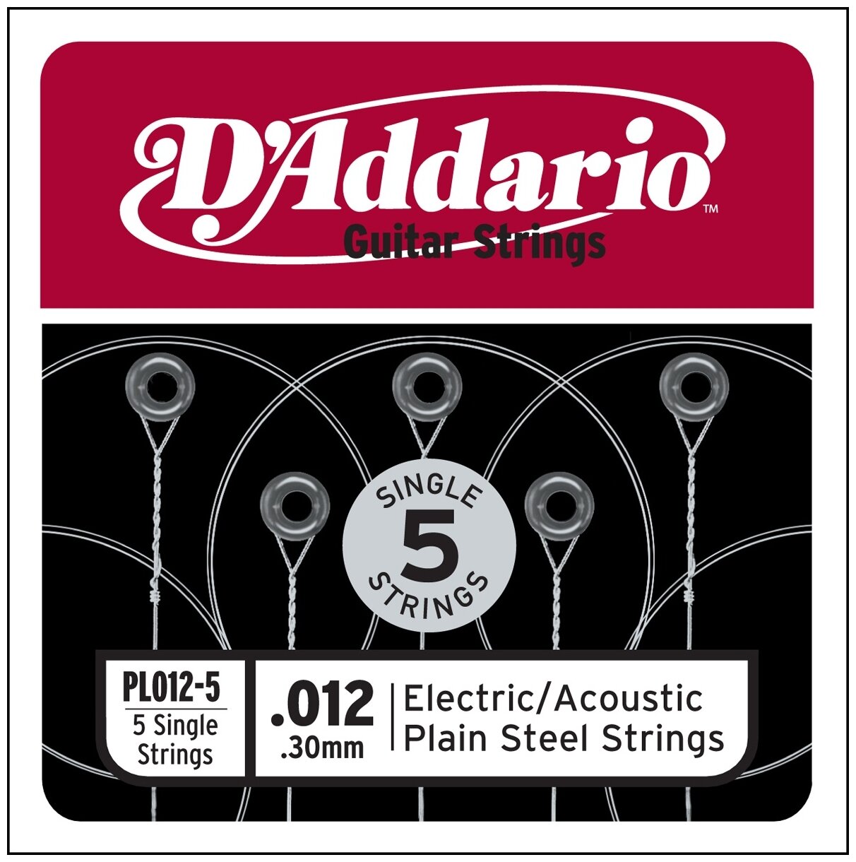 Одиночная струна для электрогитары и акустической гитары D`Addario PL012-5, 012, 5шт