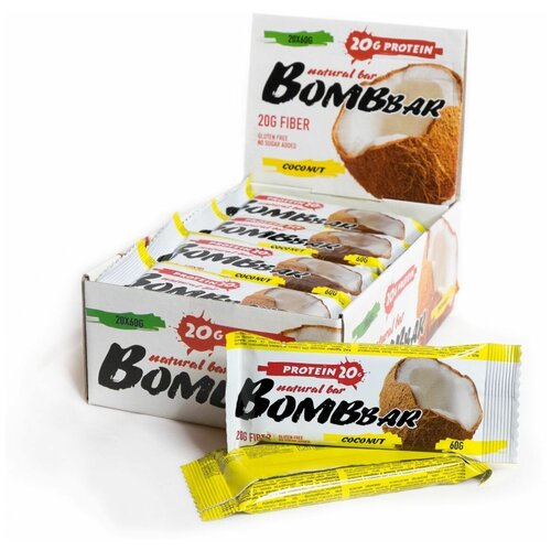 Протеиновый батончик Bombbar Protein Bar 20 x 60 г, Кокос батончик протеиновый bombbar protein 20g coconut 60 г