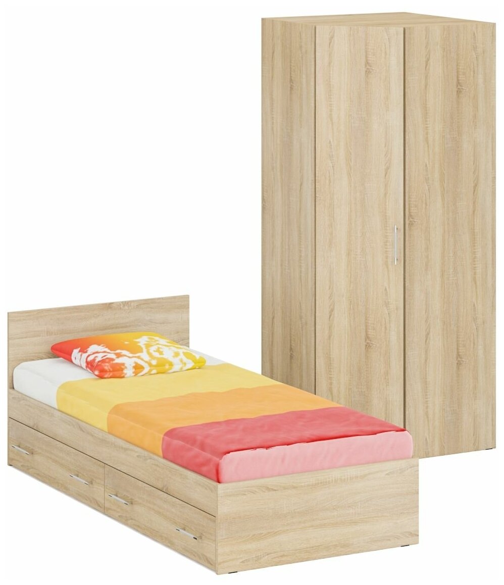 Кровать односпальная с ящиками 900 с угловым шкафом Стандарт, цвет дуб сонома, спальное место 900х2000 мм, без матраса, основание есть