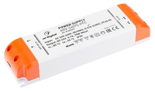 Блок питания ARV-24075-PFC (24V, 3.1A, 75W) (Arlight, IP20 Пластик, 2 года)