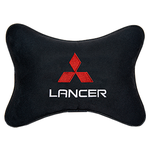 Автомобильная подушка на подголовник алькантара Black c логотипом автомобиля MITSUBISHI Lancer - изображение