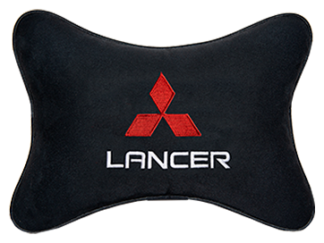 Автомобильная подушка на подголовник алькантара Black c логотипом автомобиля MITSUBISHI Lancer
