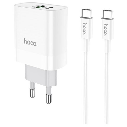 фото Сетевое зарядное устройство hoco c80a 20w type-c/usb с кабелем type-c/type-c (белый)