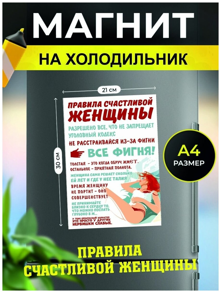 Магнит на холодильник, сувенирный магнит Правила счастливой женщины (21 см х 30 см, белый) - фотография № 1