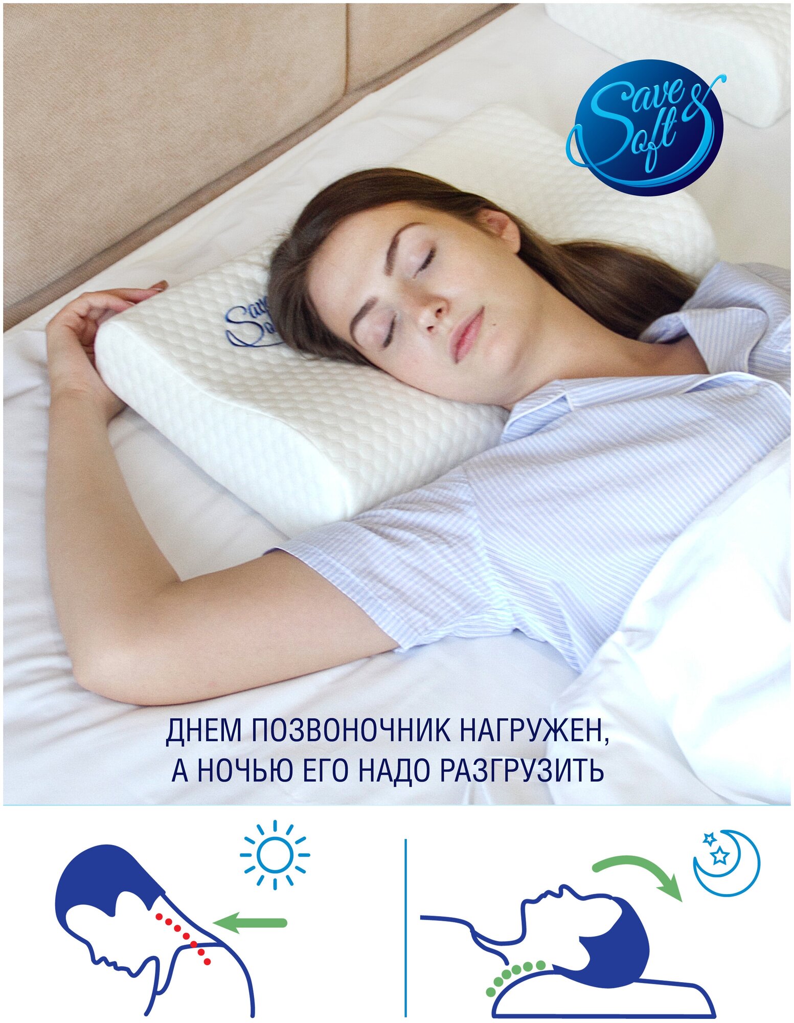 Ортопедическая подушка SAVE&SOFT для сна с валиками 50х30 классическая с эффектом памяти, Memory Foam для шеи и головы, высота 10 см - фотография № 5
