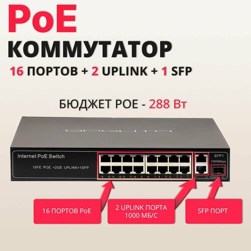 Коммутатор PoE c 16 портами + 2 порта Uplink 1GB/s, порт SFP, бюджет PoE 288 Вт, неуправляемый